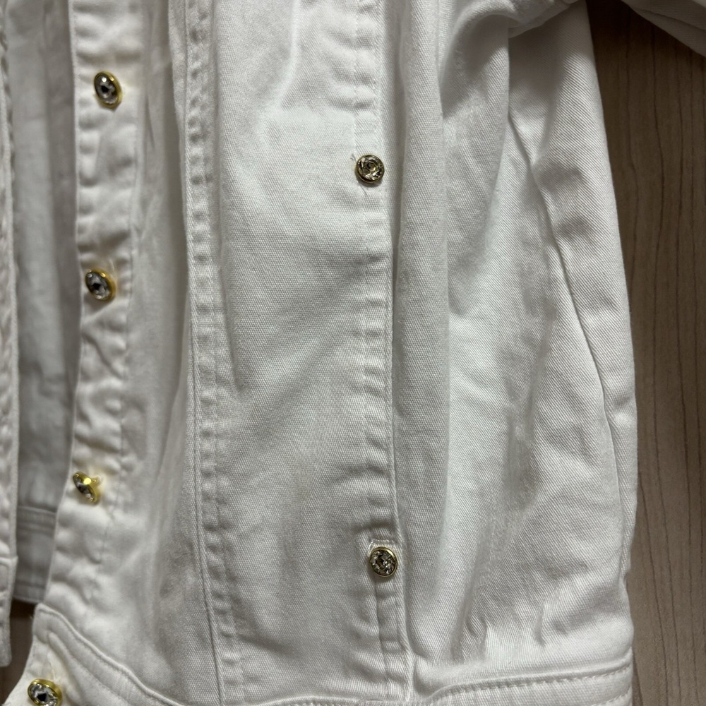Quacker Factory White Denim Jacket Gold Rhinestone Button Trucker Small Stretch - Picture 4 of 8
